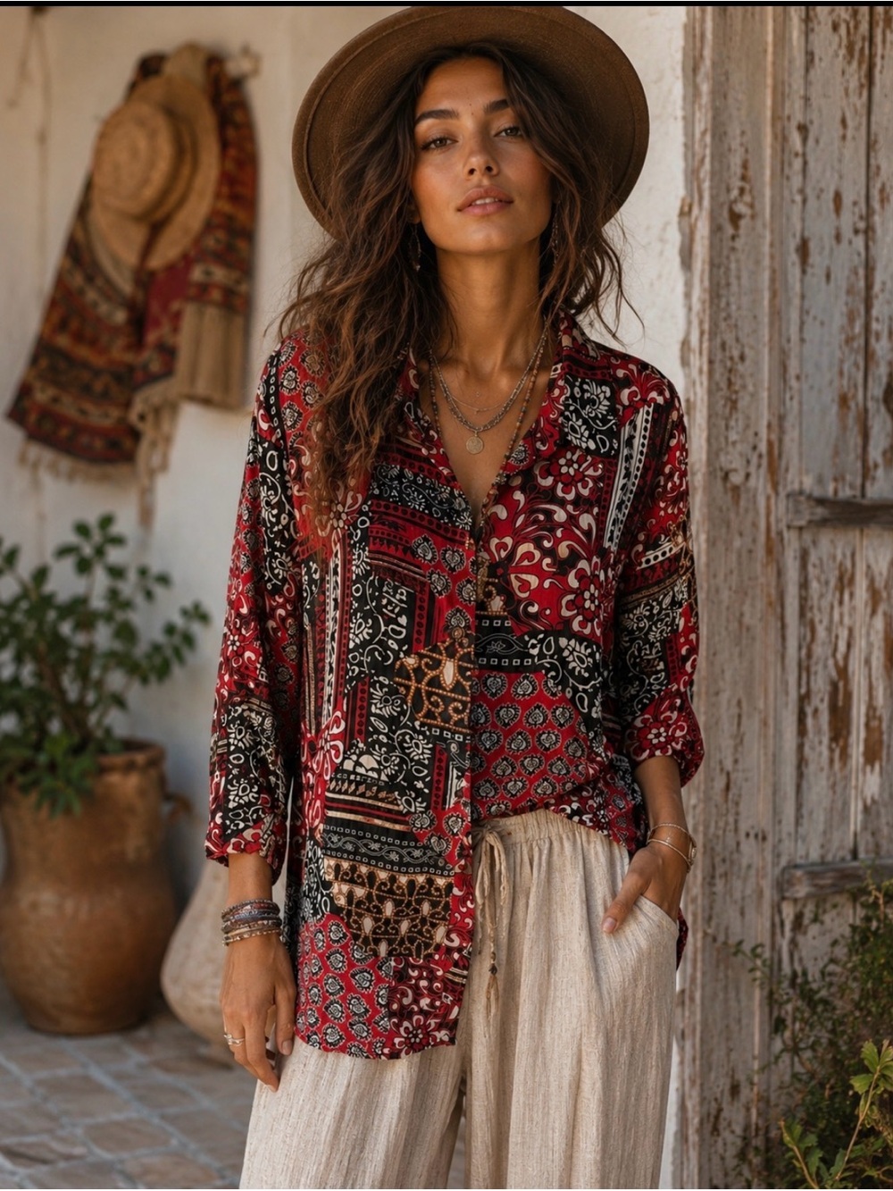 Vintage Notations Red & Black Patchwork Geometric Paisley Button Down Blouse